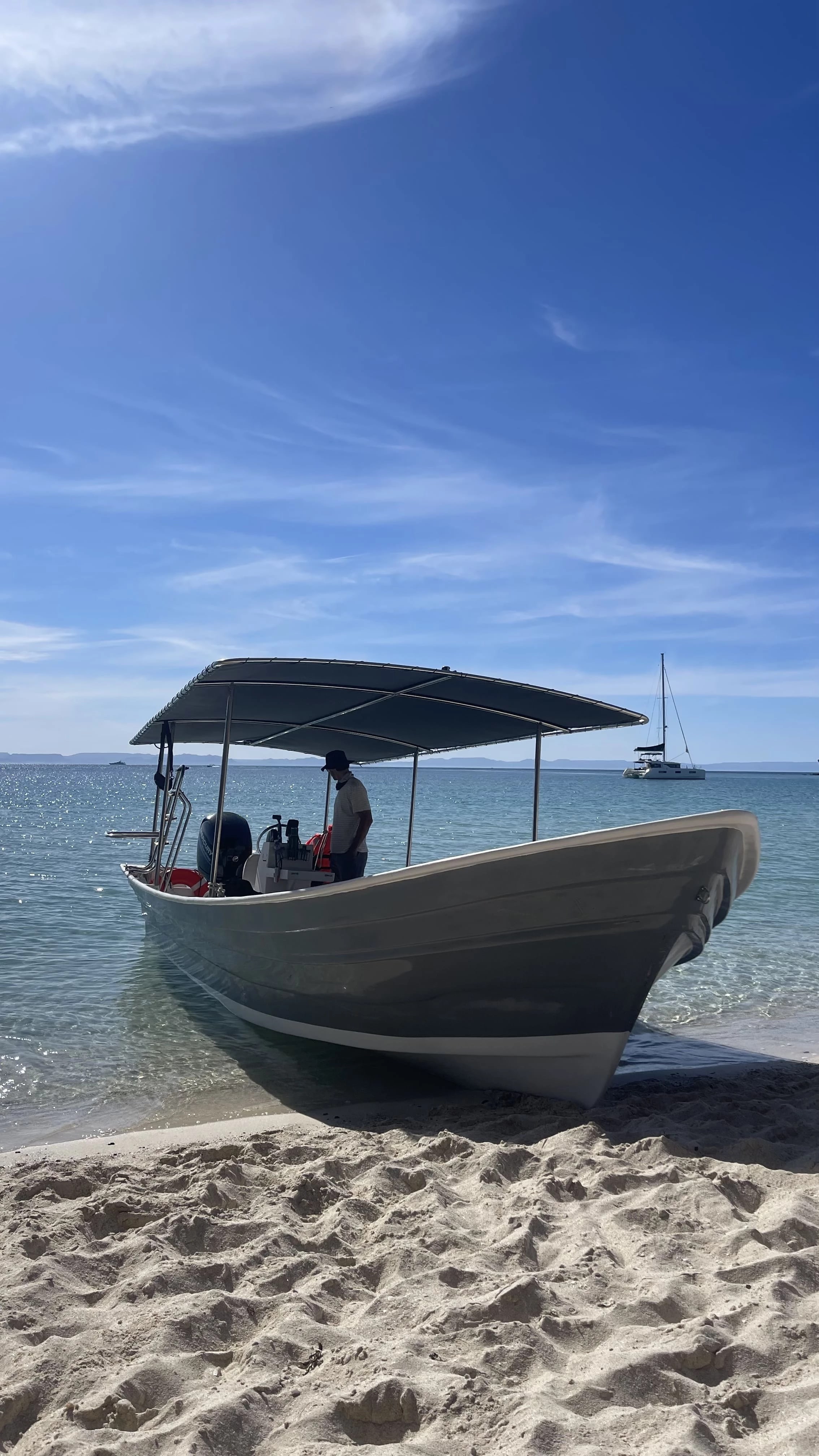 Our vessel waiting on the water in the Sea of Cortez